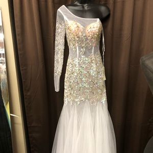 White one sleeve Formal Gown by Partytime size 0 lots sequins & Rhinestones